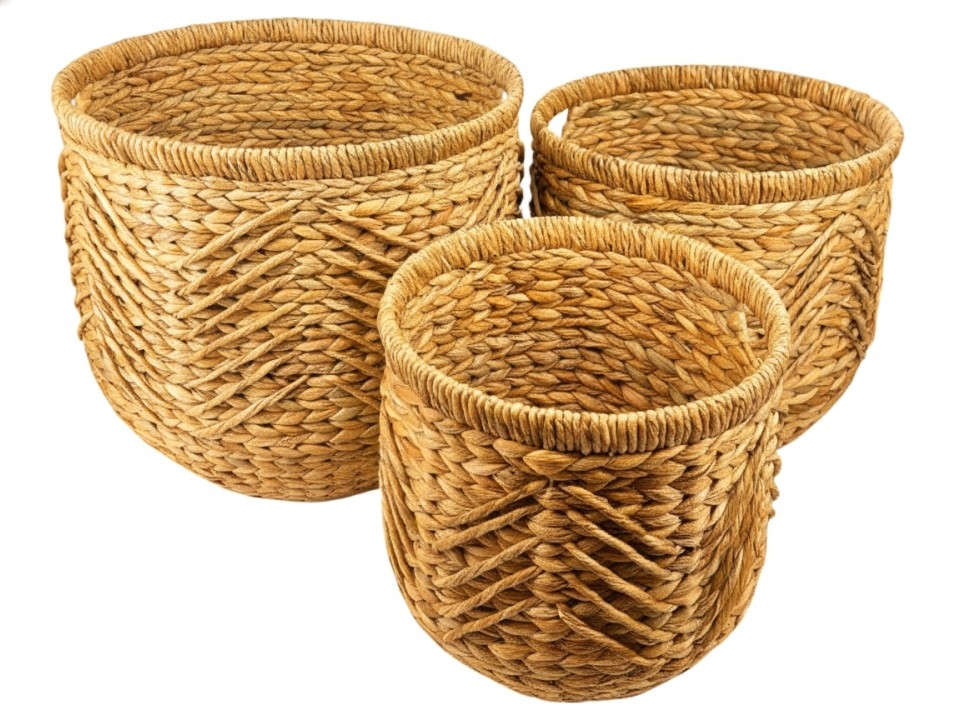 Custom-made Round Havana-Weaving Water Hyacinth Baskets with Zigzag Patterns- S/3